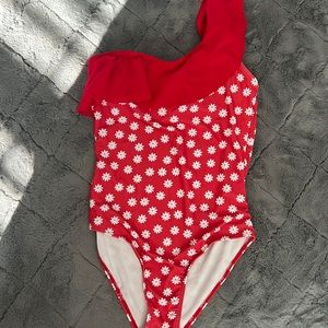 Red and white flowered bathing suit